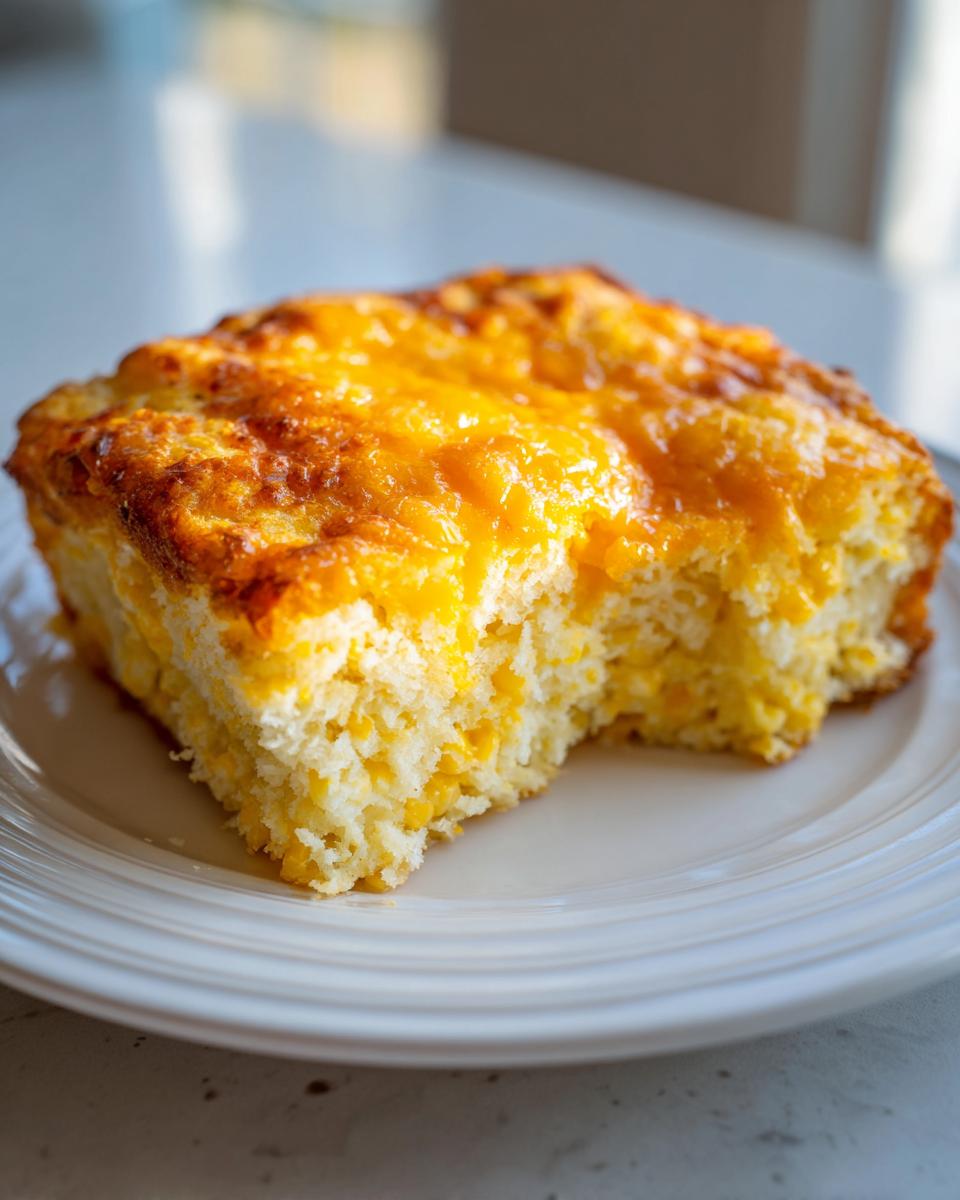 A close-up of a square slice of moist cream cheese corn casserole topped with melted golden cheddar cheese.