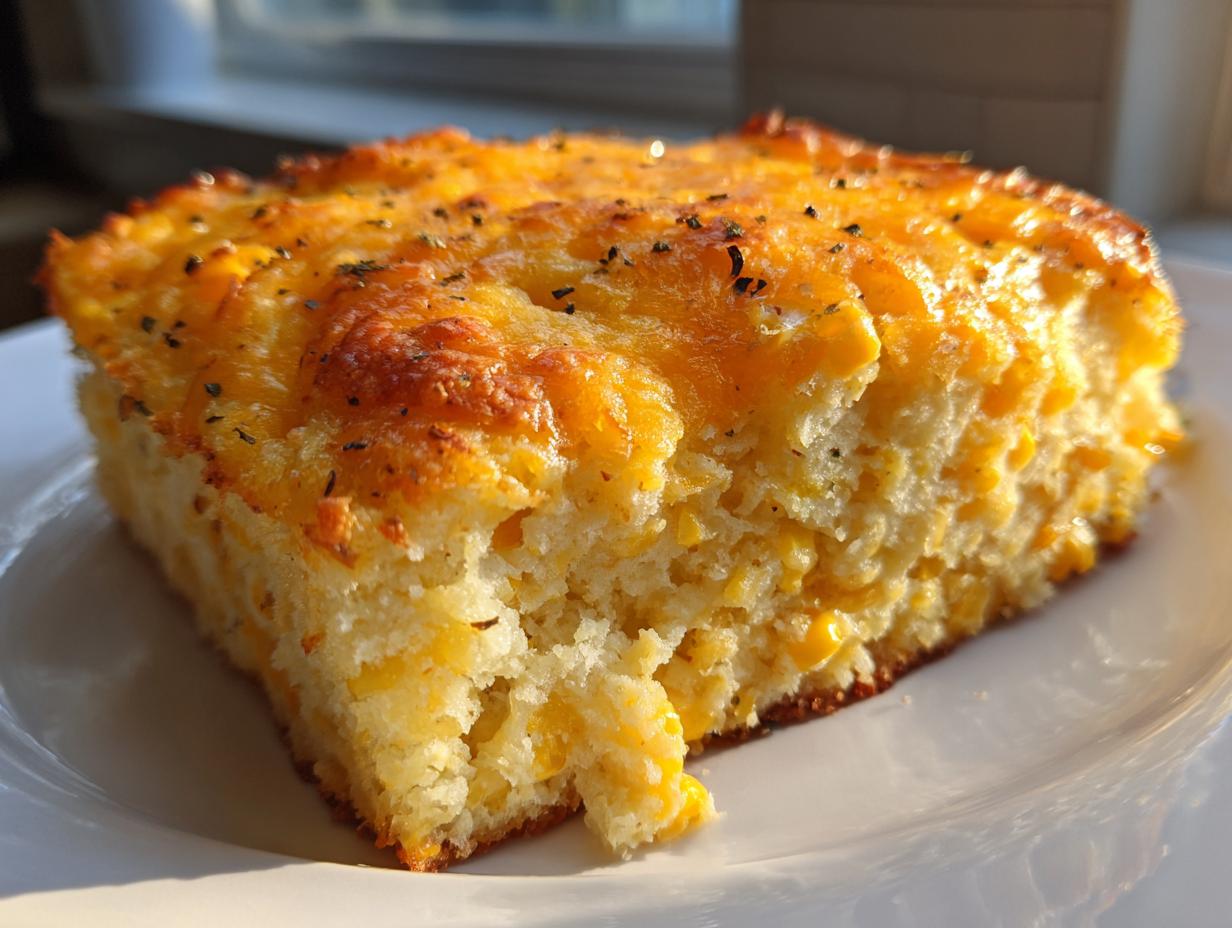 A close-up slice of moist cream cheese corn casserole topped with melted, golden cheddar cheese and herbs.