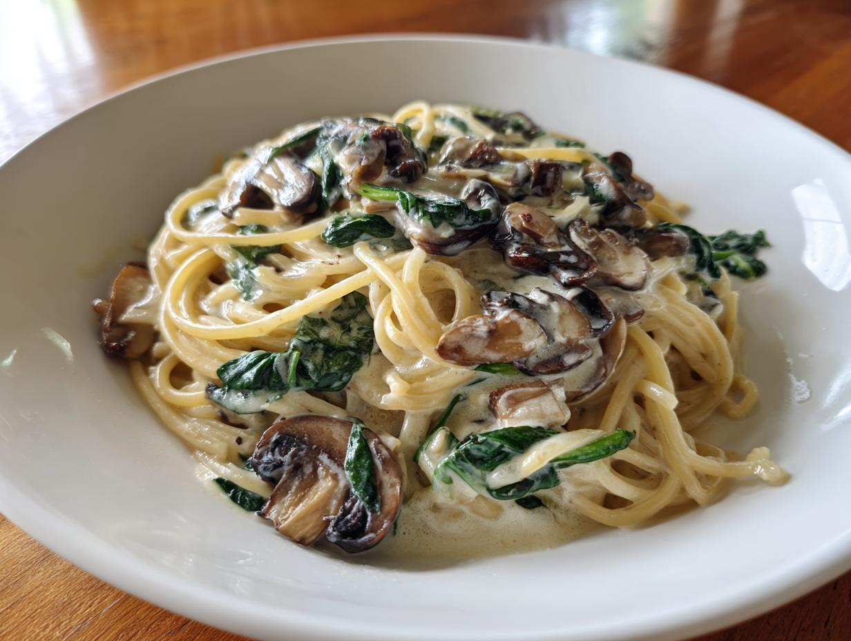 A close-up of creamy mushroom pasta featuring spaghetti tossed in a rich sauce with sautéed mushrooms and wilted spinach.