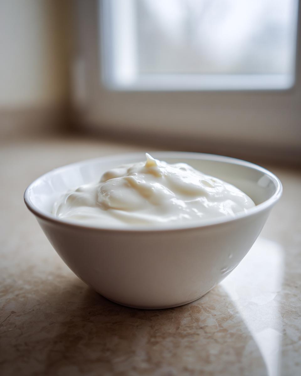 A close-up of a small white bowl filled with thick, creamy white sauce, likely the base for garlic sauce.