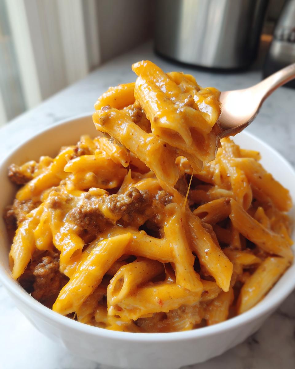 Close-up of creamy beef pasta being lifted from a white bowl with a fork, showing melted cheese strings.