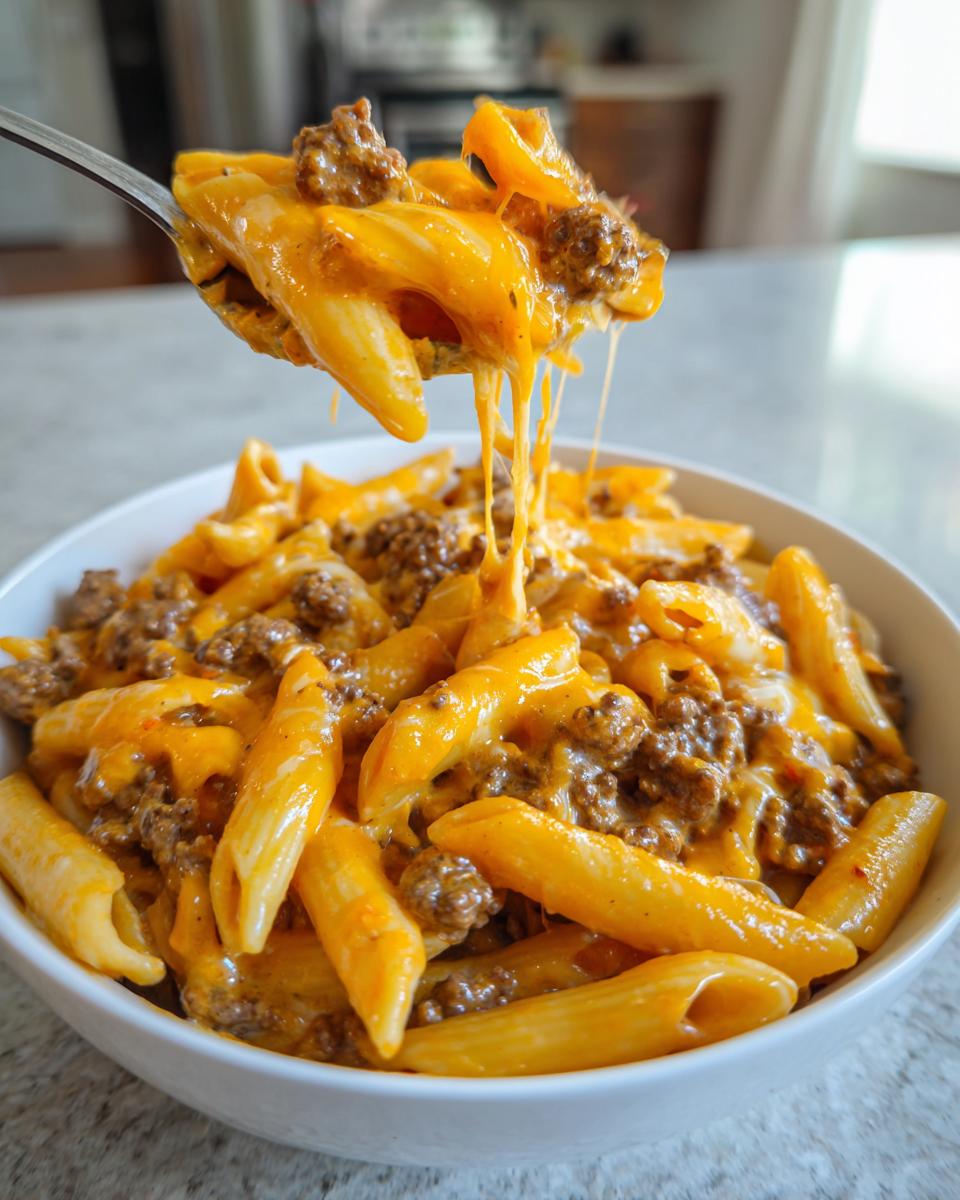 A spoonful of creamy beef pasta lifted from a white bowl, showing long cheese pulls over penne pasta and ground beef.