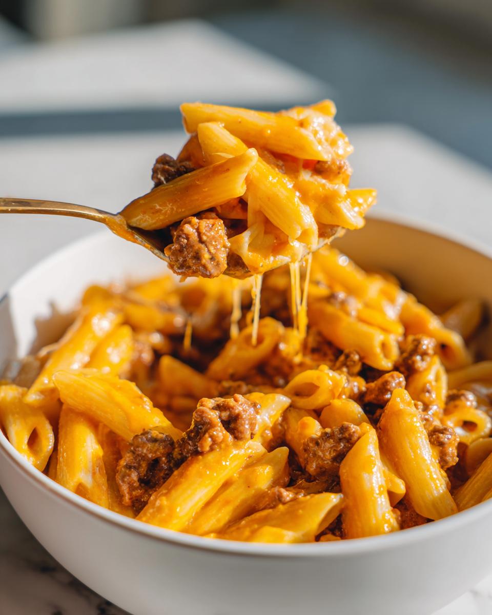 A spoonful of creamy beef pasta with melted cheese stretching down into the bowl of pasta.