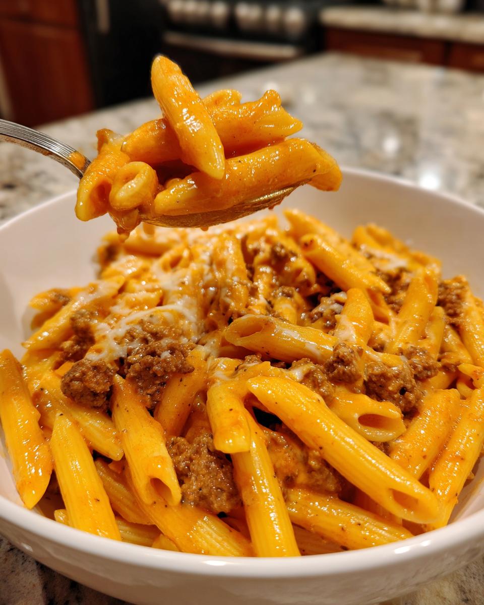 A spoonful of creamy beef pasta lifted from a white bowl, showing penne coated in orange sauce and ground beef.