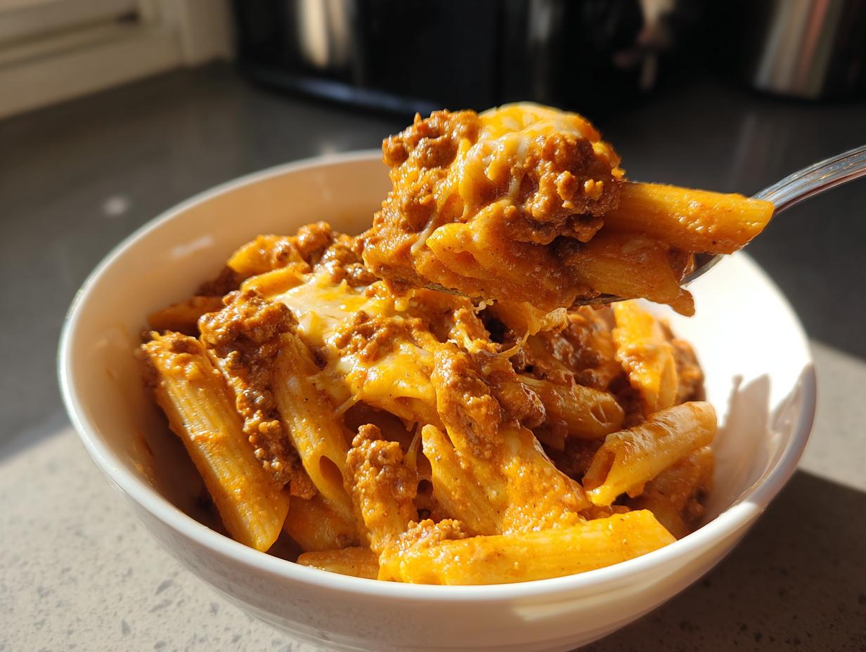A spoonful of creamy beef pasta being lifted from a white bowl, showing penne pasta coated in rich sauce and melted cheese.