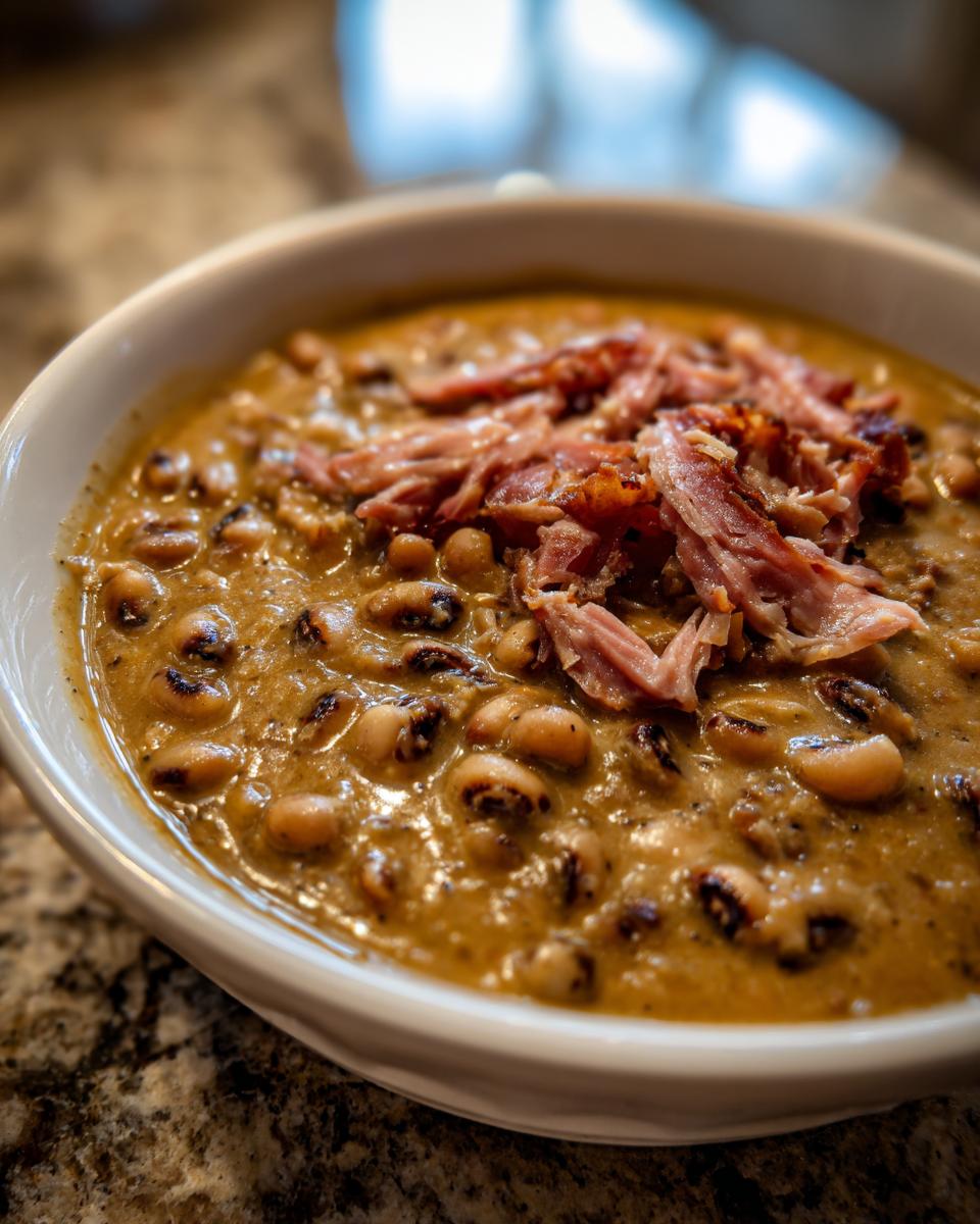Close-up of a white bowl filled with creamy black eyed peas and topped with shredded smoked ham.