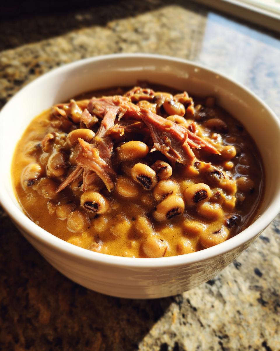 Close-up of creamy black eyed peas topped with pulled smoked meat in a white bowl.