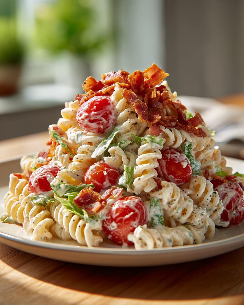 A mound of creamy blt pasta salad featuring rotini pasta, cherry tomatoes, and crispy bacon crumbles.