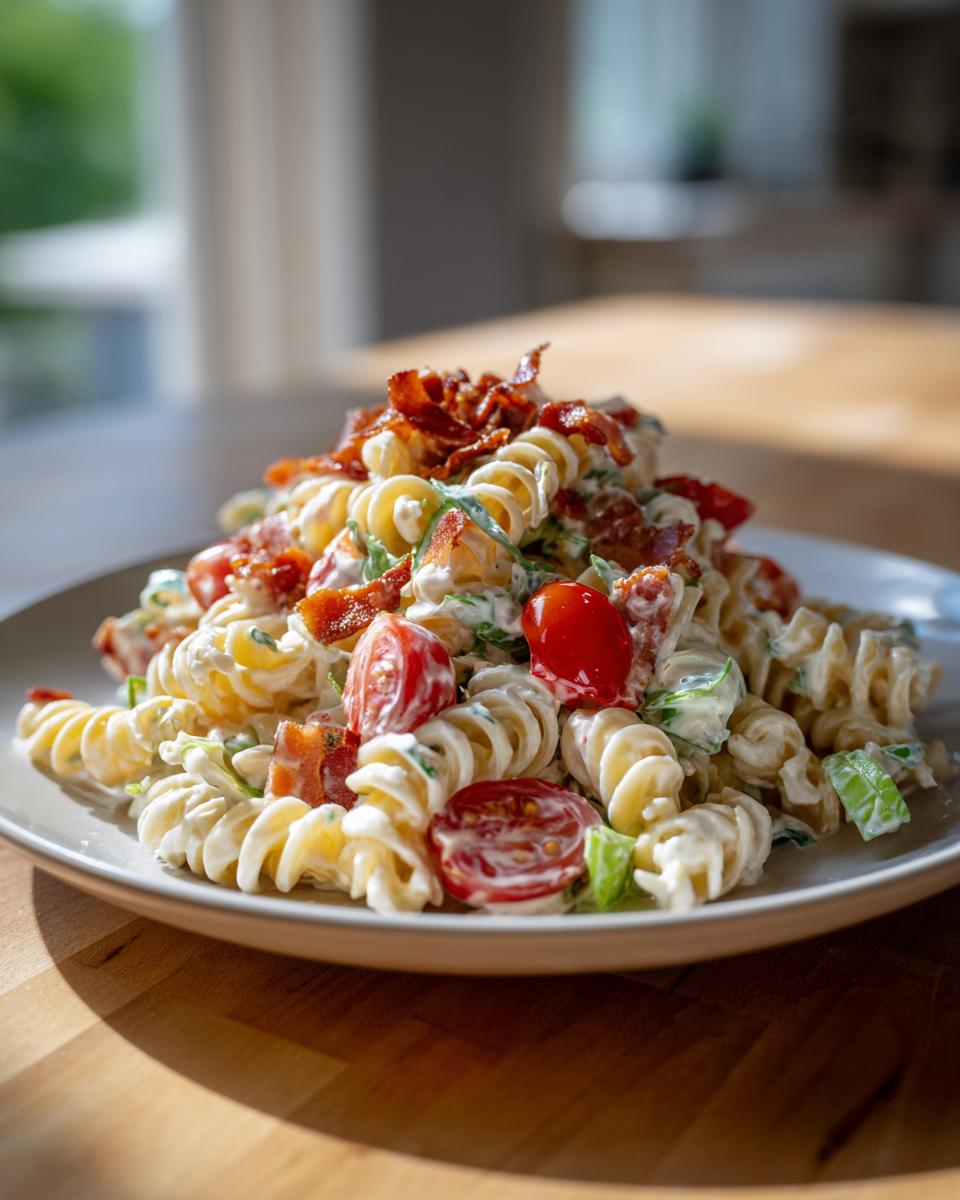 A close-up of a serving of creamy blt pasta salad featuring rotini pasta, cherry tomatoes, and crispy bacon.