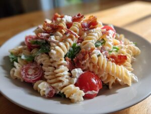 A serving of creamy blt pasta salad featuring rotini pasta, cherry tomatoes, and crispy bacon pieces on a white plate.