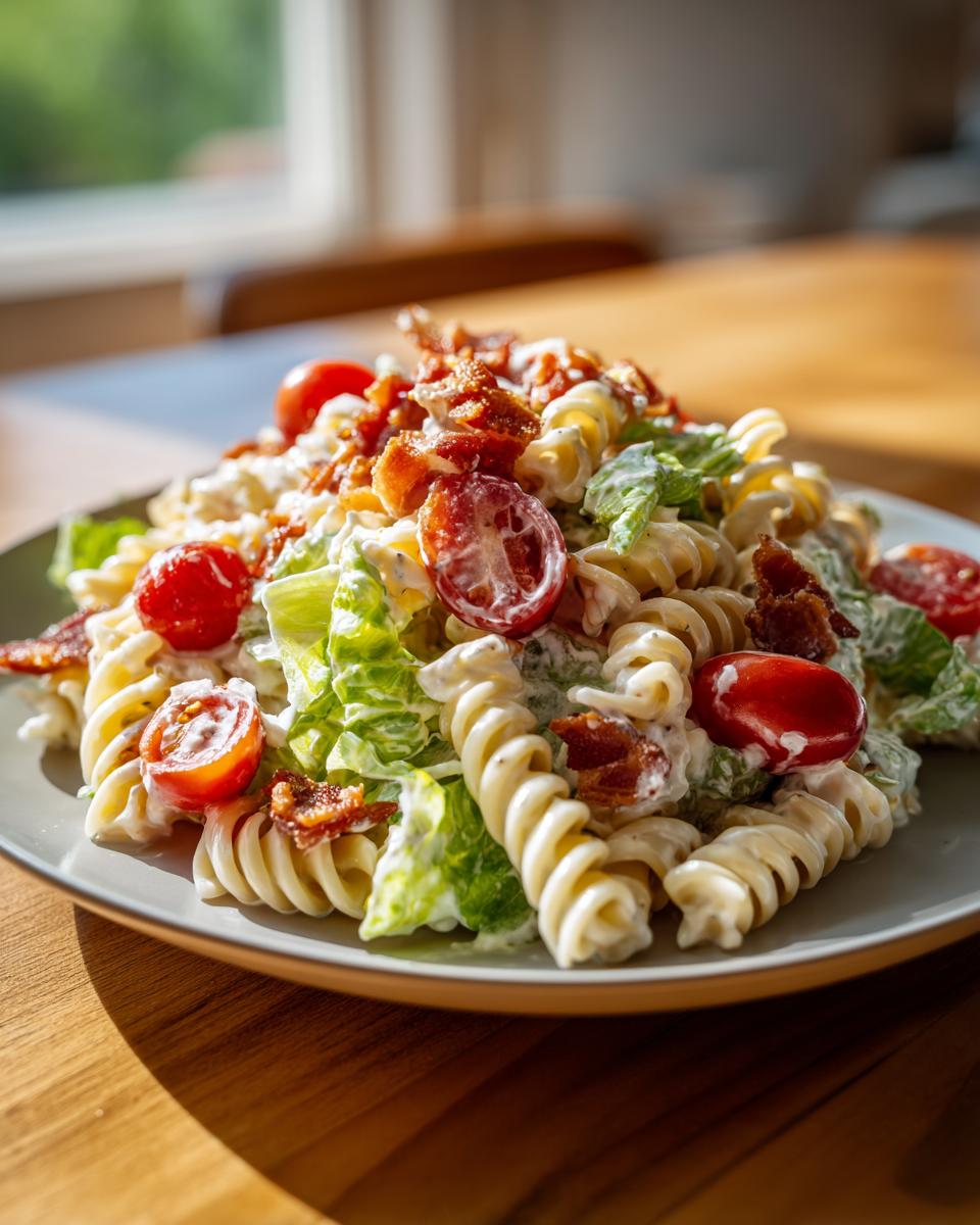 Close-up of a creamy blt pasta salad featuring rotini pasta, crisp lettuce, cherry tomatoes, and bacon bits.