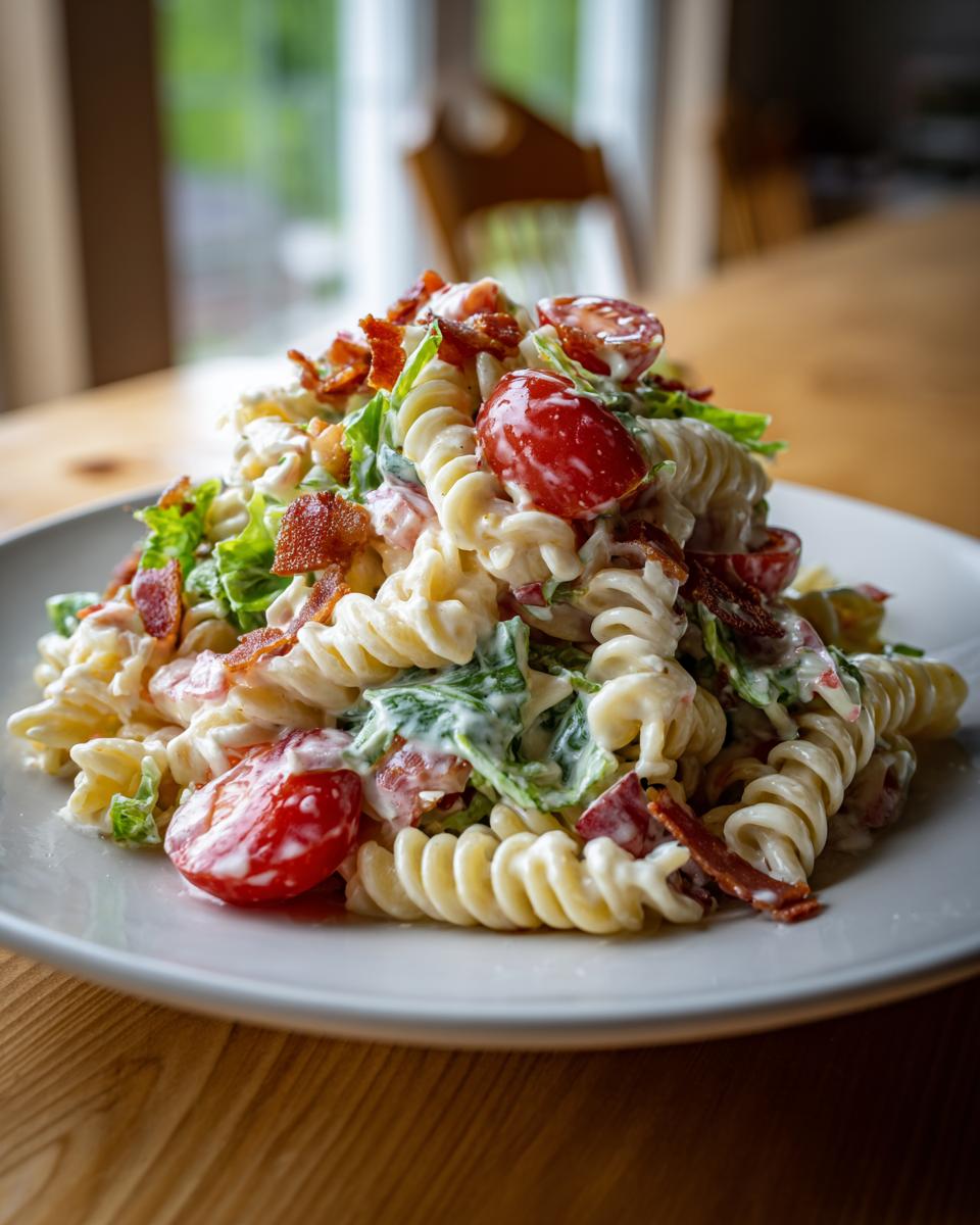 A generous serving of creamy blt pasta salad featuring fusilli pasta, cherry tomatoes, lettuce, and crispy bacon bits.