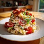 A mound of creamy blt pasta salad featuring rotini pasta, halved cherry tomatoes, and topped with crispy bacon.