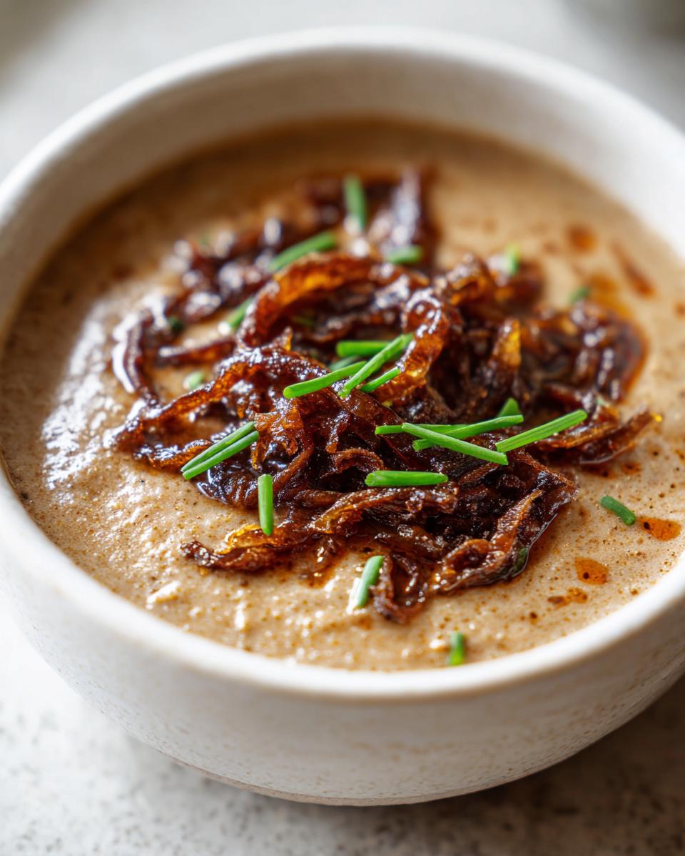 Close-up of creamy caramelized onion dip topped with rich, dark caramelized onions and fresh green chives.