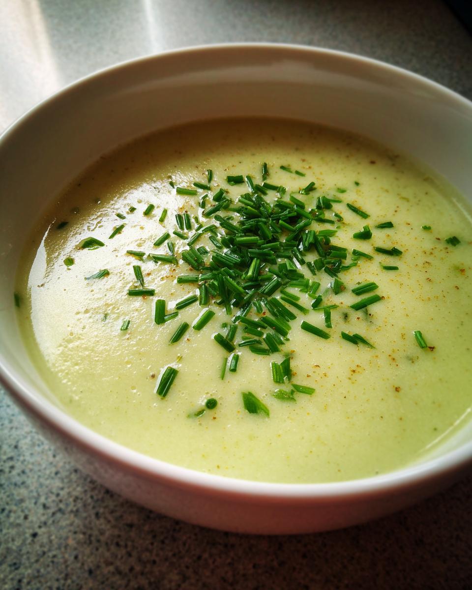 A close-up of creamy, light green celery soup topped generously with chopped fresh chives.
