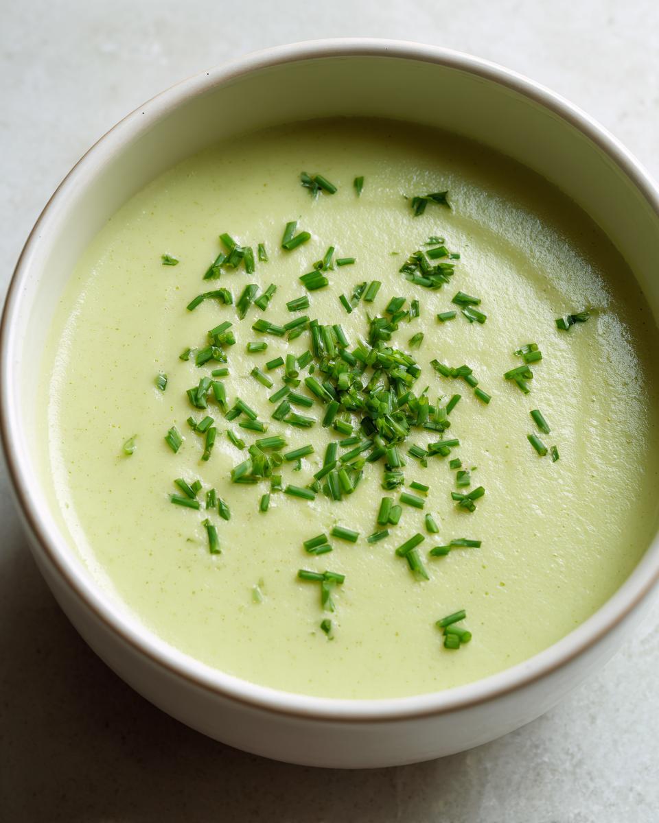 A close-up of a bowl of smooth, pale green celery soup garnished generously with chopped fresh chives.