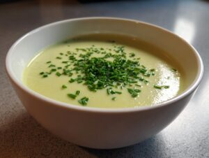 A close-up of a bowl of creamy, light green celery soup topped generously with chopped fresh chives.