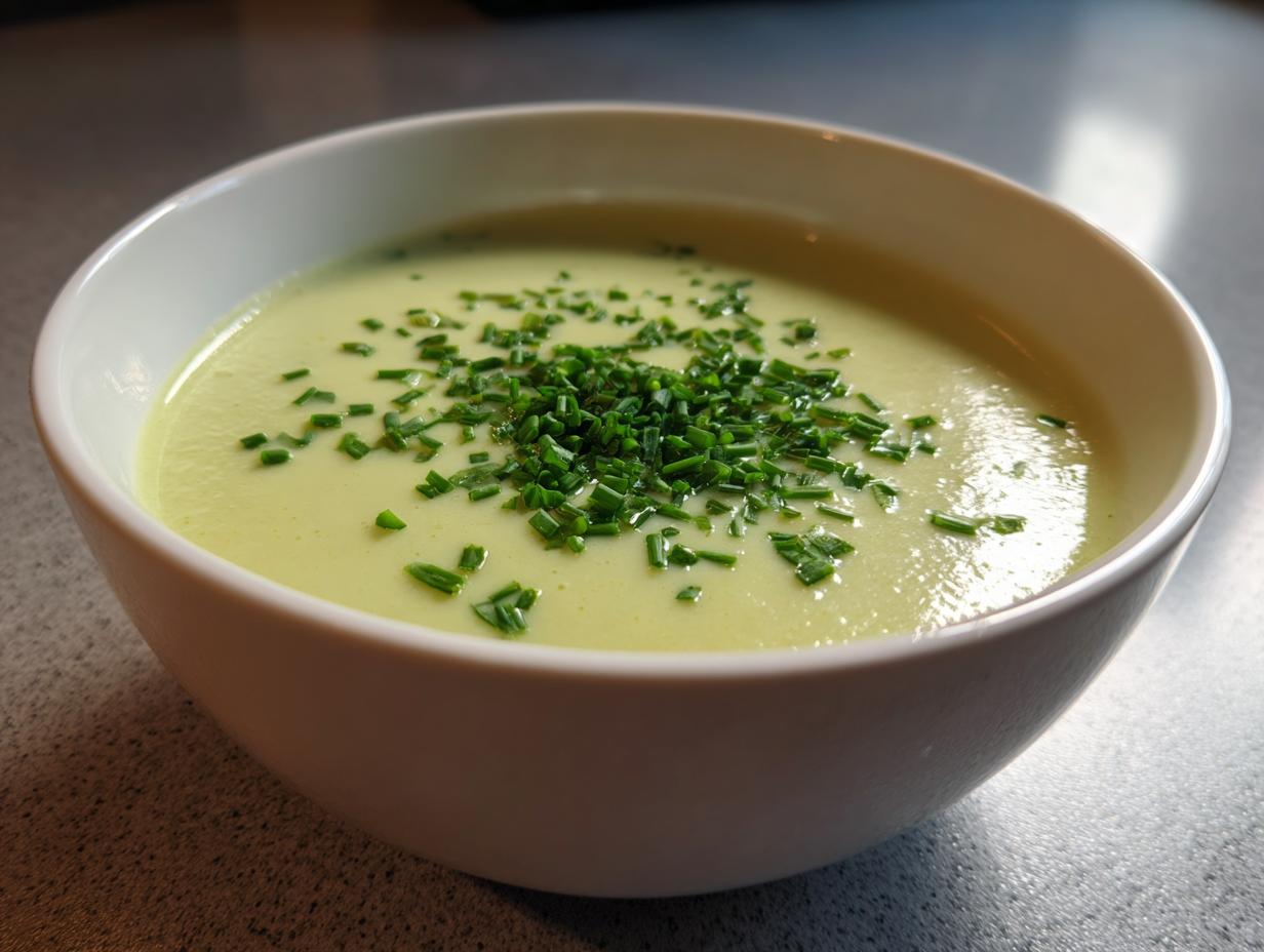 A close-up of a bowl of creamy, light green celery soup topped generously with chopped fresh chives.