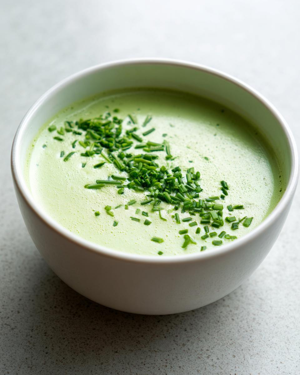 A close-up of a bowl of vibrant green, creamy celery soup topped generously with chopped fresh chives.