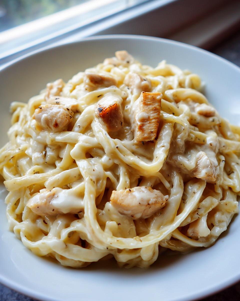 Close-up of creamy fettuccine pasta generously coated in white sauce with chunks of seasoned chicken, classic chicken alfredo.