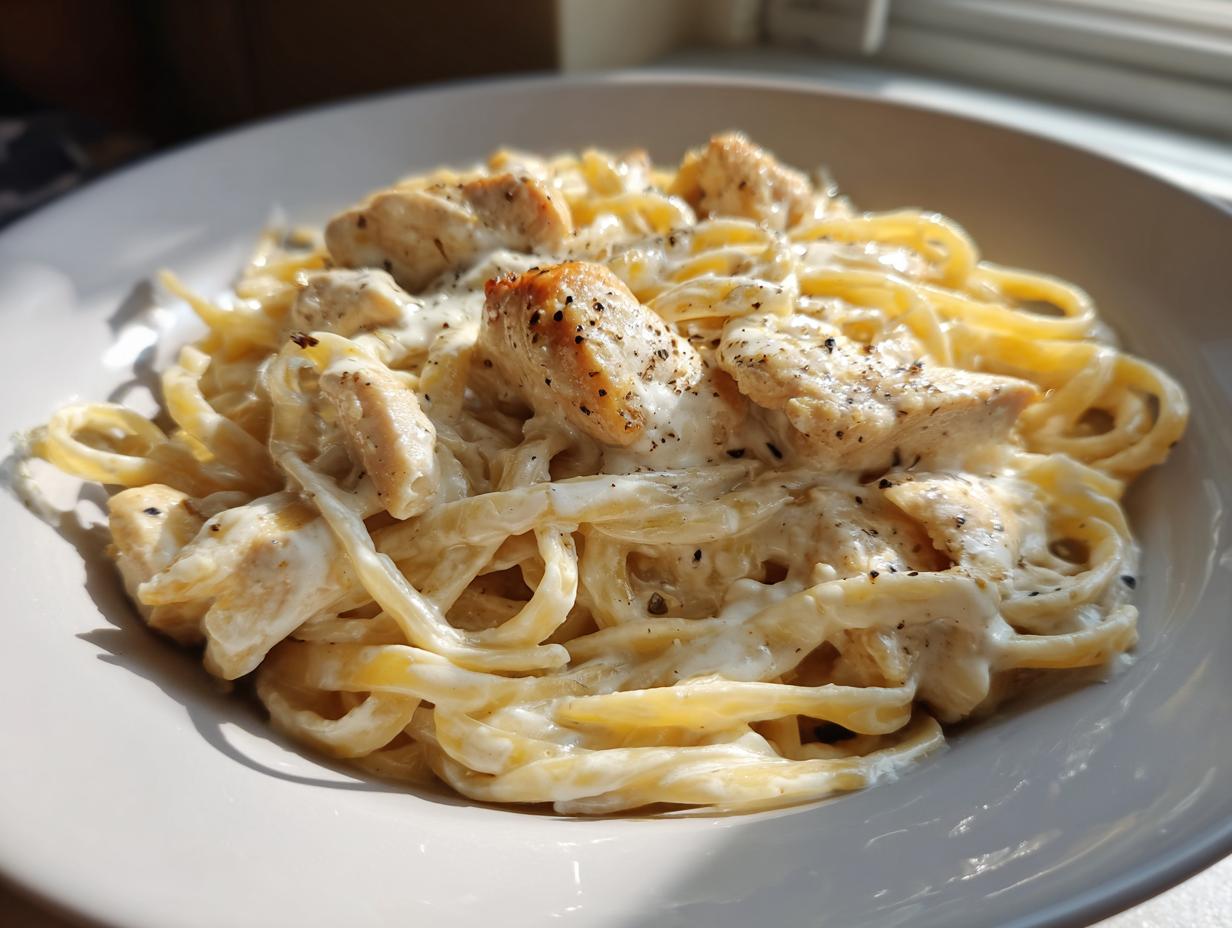 Close-up of a serving of creamy chicken alfredo pasta, featuring fettuccine noodles and seasoned chicken pieces.