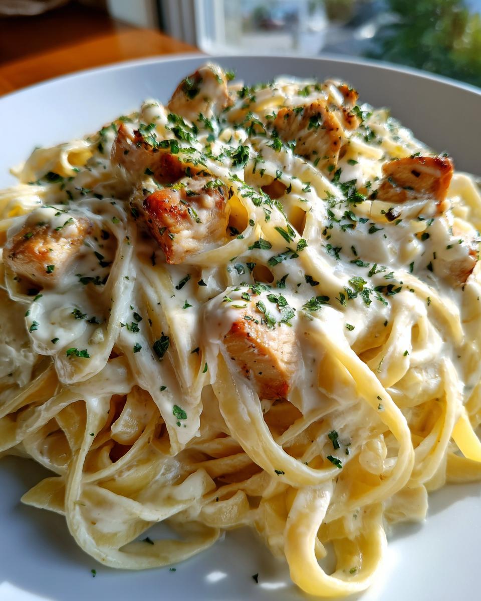 Close-up of fettuccine pasta coated in rich white sauce with chunks of grilled chicken, garnished with fresh parsley, classic chicken alfredo.