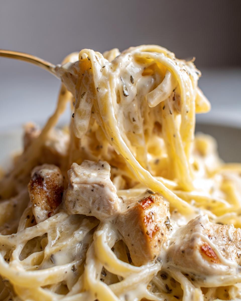 Close-up of creamy chicken alfredo pasta being lifted high by a golden fork, showing rich sauce and seasoned chicken pieces.