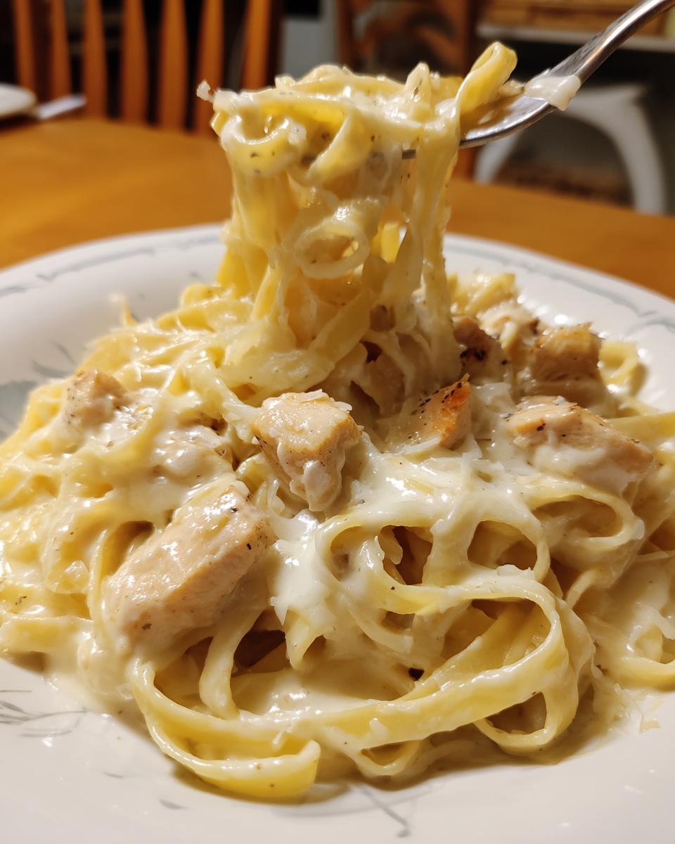 A fork lifting creamy fettuccine noodles coated in rich sauce and chunks of chicken from a bowl of chicken alfredo.