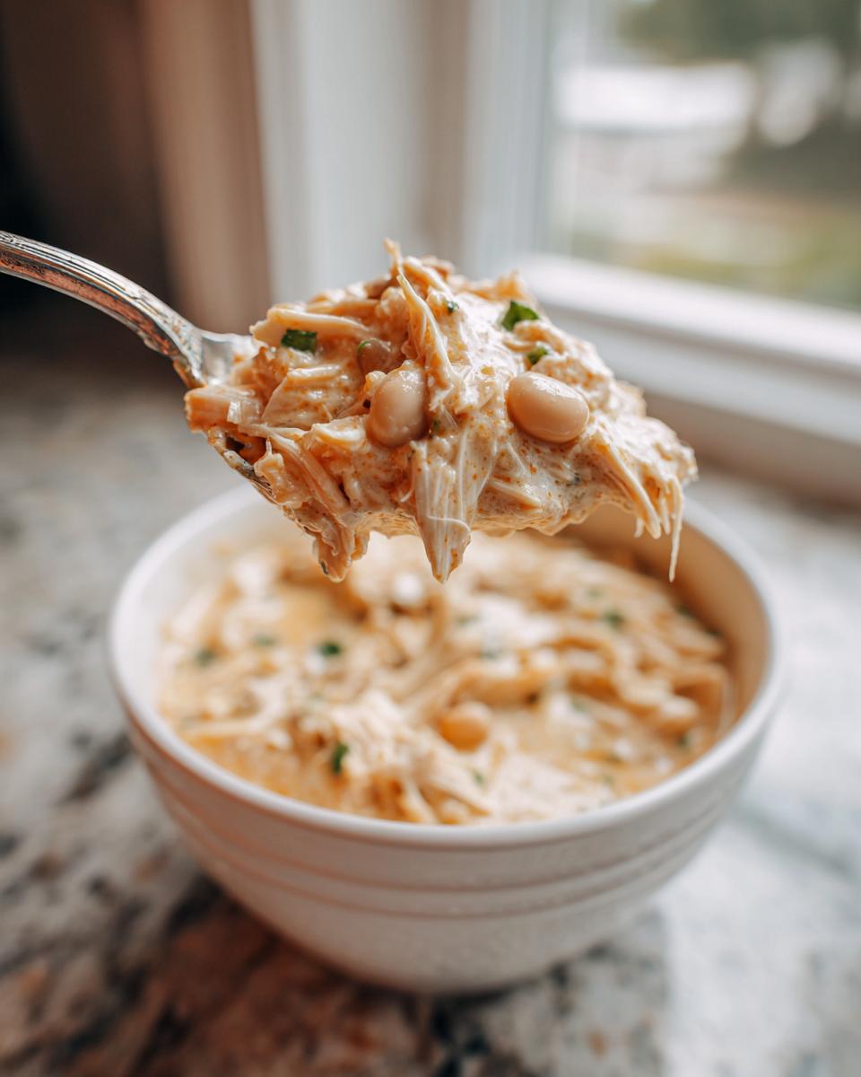 A spoonful of creamy white chicken chili, featuring shredded chicken and white beans, lifted above a bowl.
