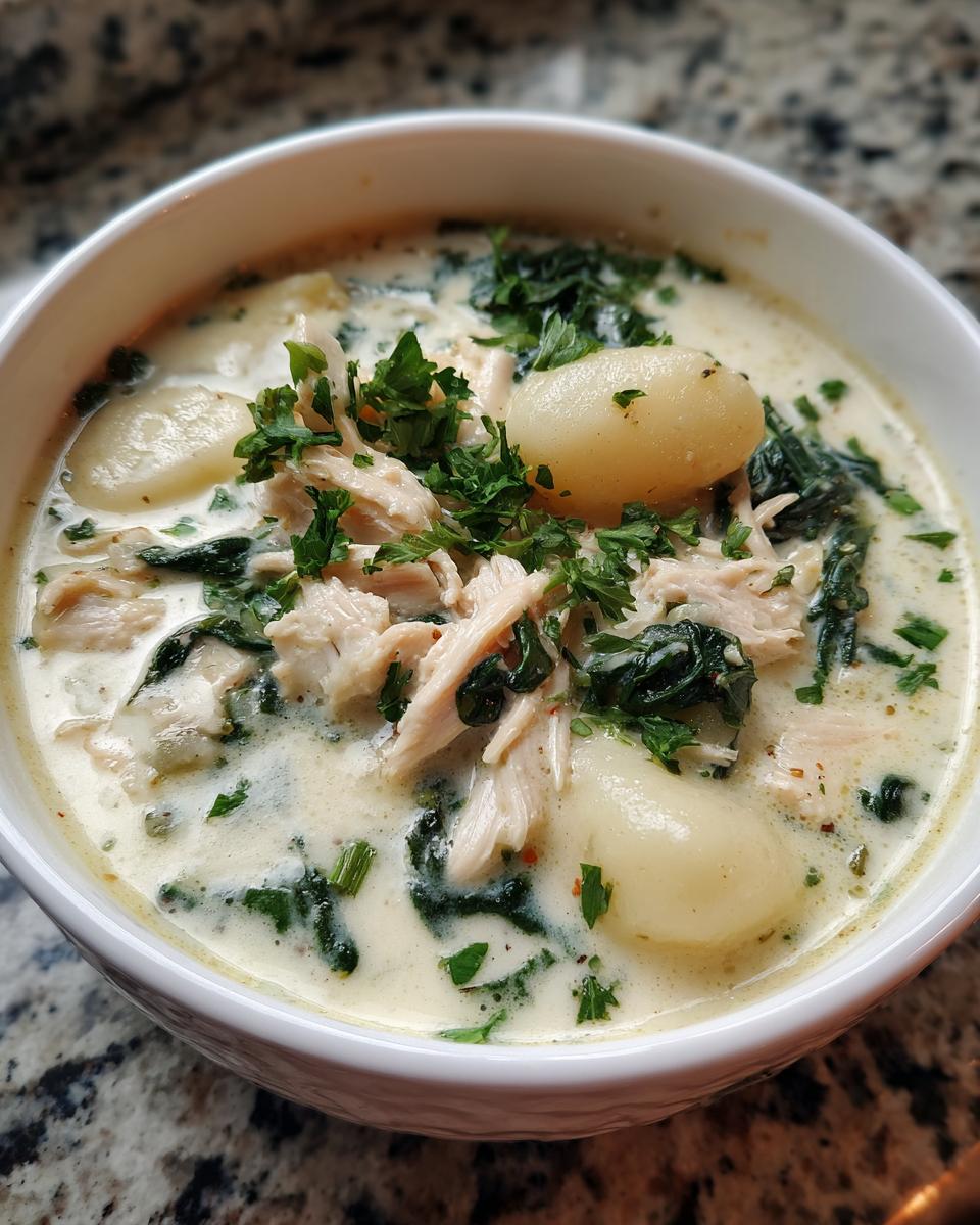 Close-up of creamy chicken gnocchi soup with spinach and fresh parsley garnish.