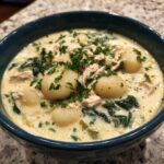 A close-up of a rich, creamy chicken gnocchi soup featuring plump gnocchi, shredded chicken, spinach, and fresh parsley.