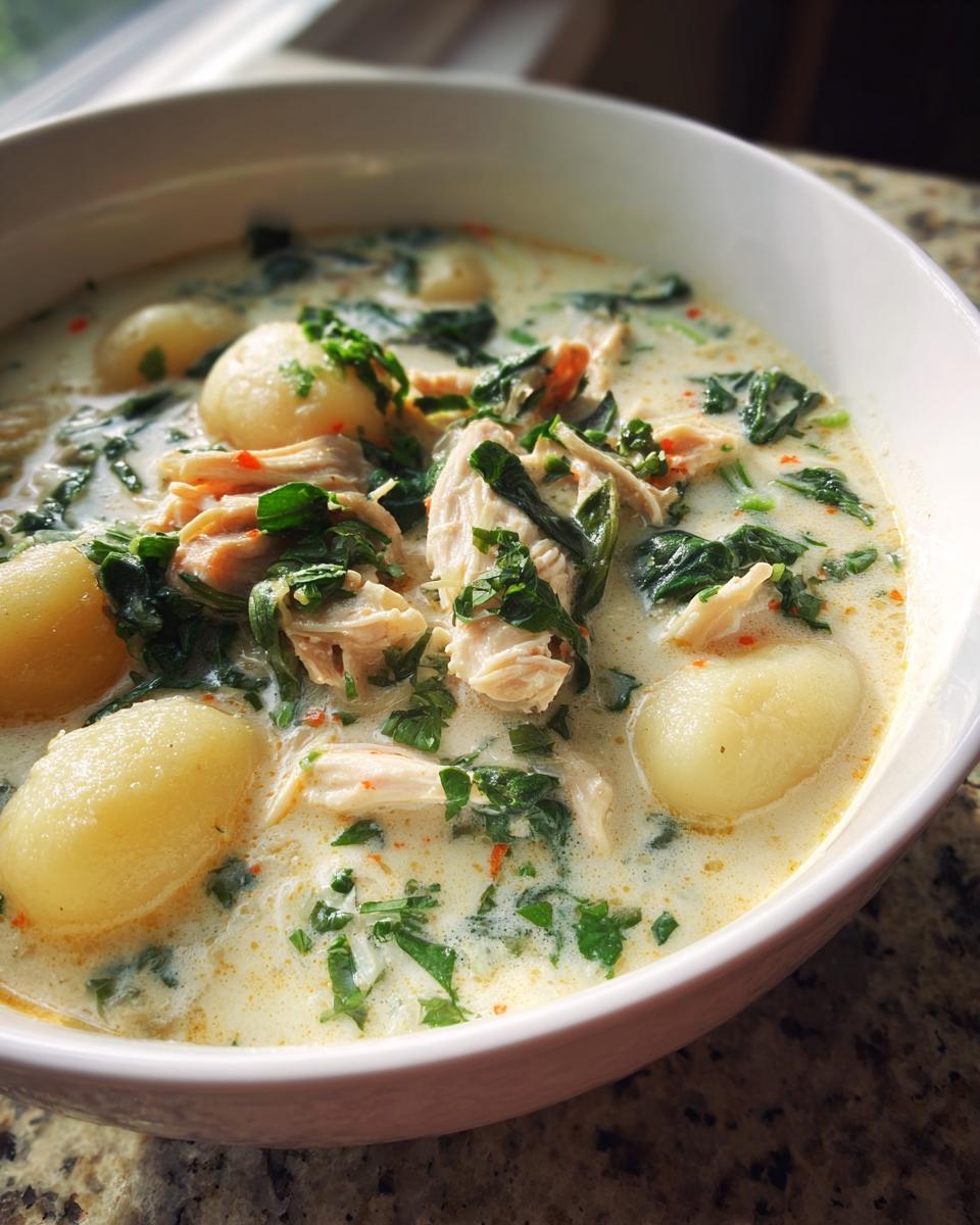 Close-up of a bowl of creamy chicken gnocchi soup featuring tender gnocchi, shredded chicken, and fresh spinach.