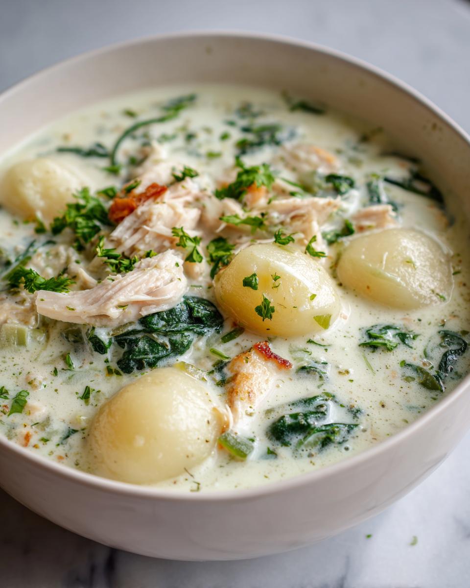 A close-up of a bowl of creamy chicken gnocchi soup featuring soft gnocchi, shredded chicken, and wilted spinach, garnished with parsley.