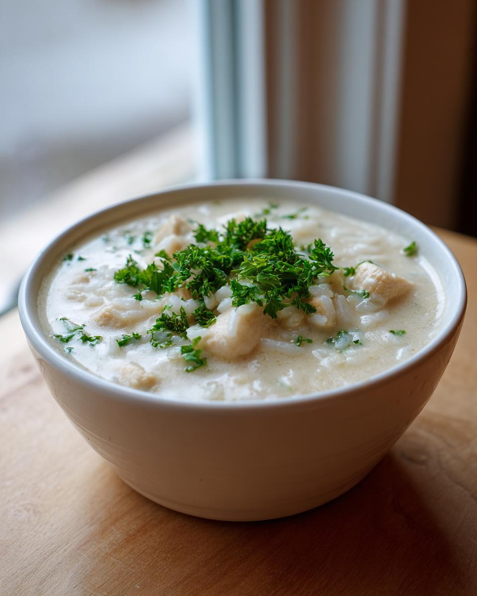 A white bowl filled with creamy chicken and rice soup, topped generously with fresh parsley.