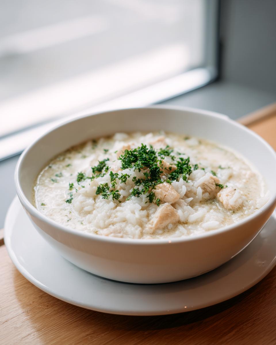 A close-up of a creamy chicken rice soup in a white bowl, garnished with fresh parsley.