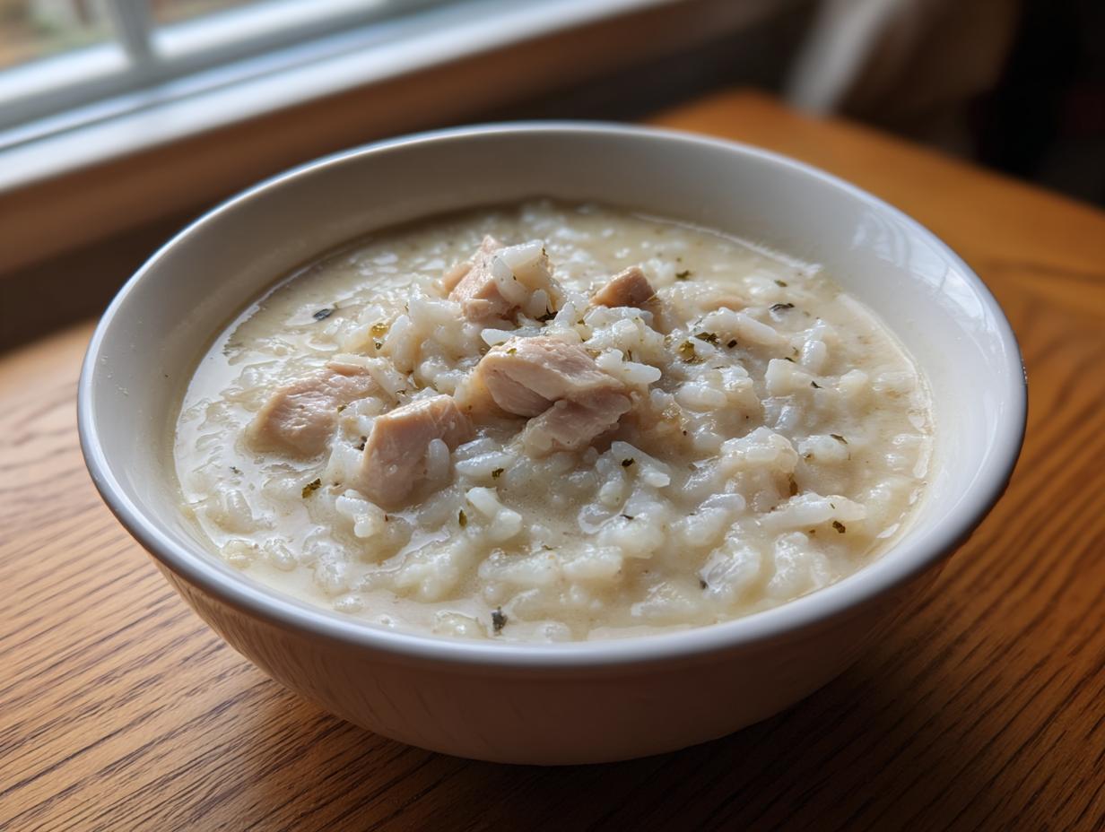 A close-up of a white bowl filled with creamy chicken rice soup, garnished with herbs.