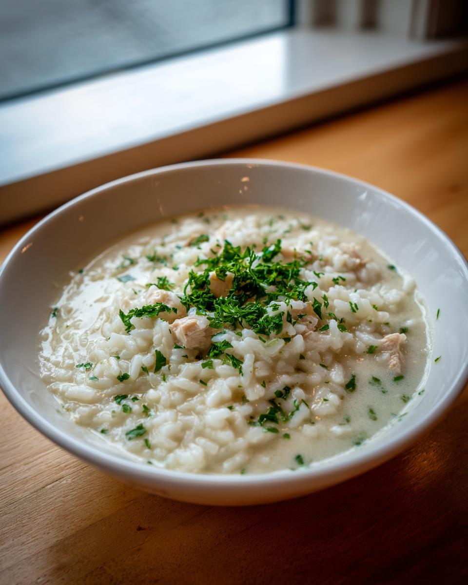 A close-up of a creamy white rice soup, likely chicken, topped with fresh chopped parsley.