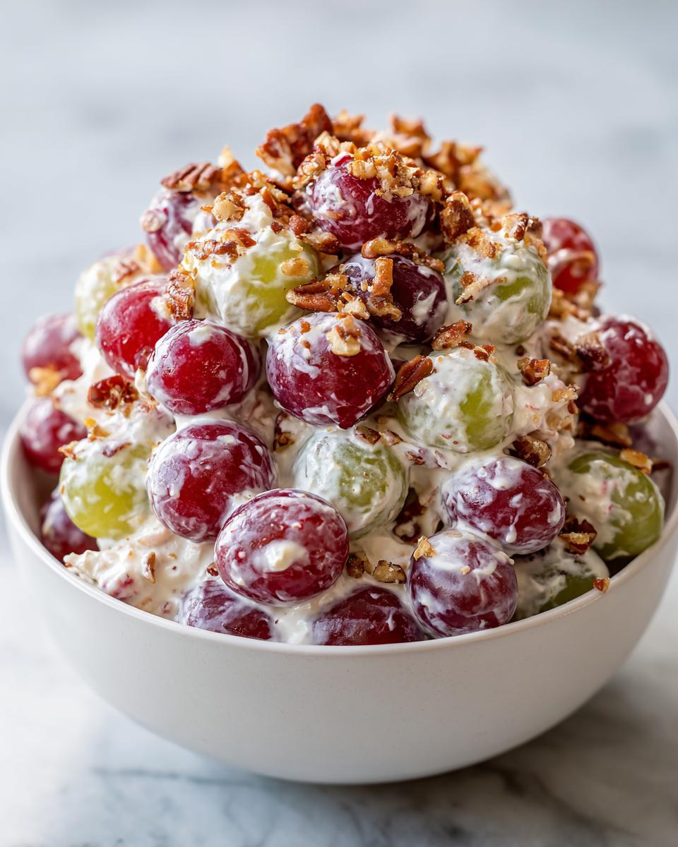 Close-up of creamy chicken salad chick grape salad featuring red and green grapes coated in dressing and topped with chopped pecans.