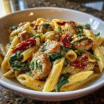 Close-up of creamy chicken sausage pasta featuring penne, browned sausage pieces, wilted spinach, and sun-dried tomatoes.
