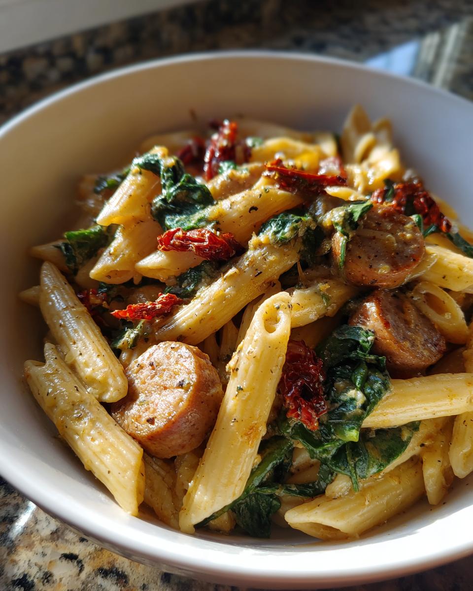 Close-up of a bowl of creamy chicken sausage pasta featuring penne, sliced sausage, spinach, and sun-dried tomatoes.