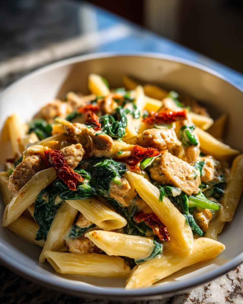 Close-up of a bowl of creamy chicken sausage pasta mixed with wilted spinach and bright red sun-dried tomatoes.