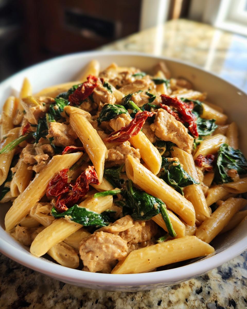 Close-up of creamy chicken sausage pasta featuring penne, spinach, and sun-dried tomatoes in a white bowl.