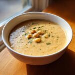 A close-up of creamy chickpea soup in a white bowl, garnished with whole chickpeas and fresh parsley.