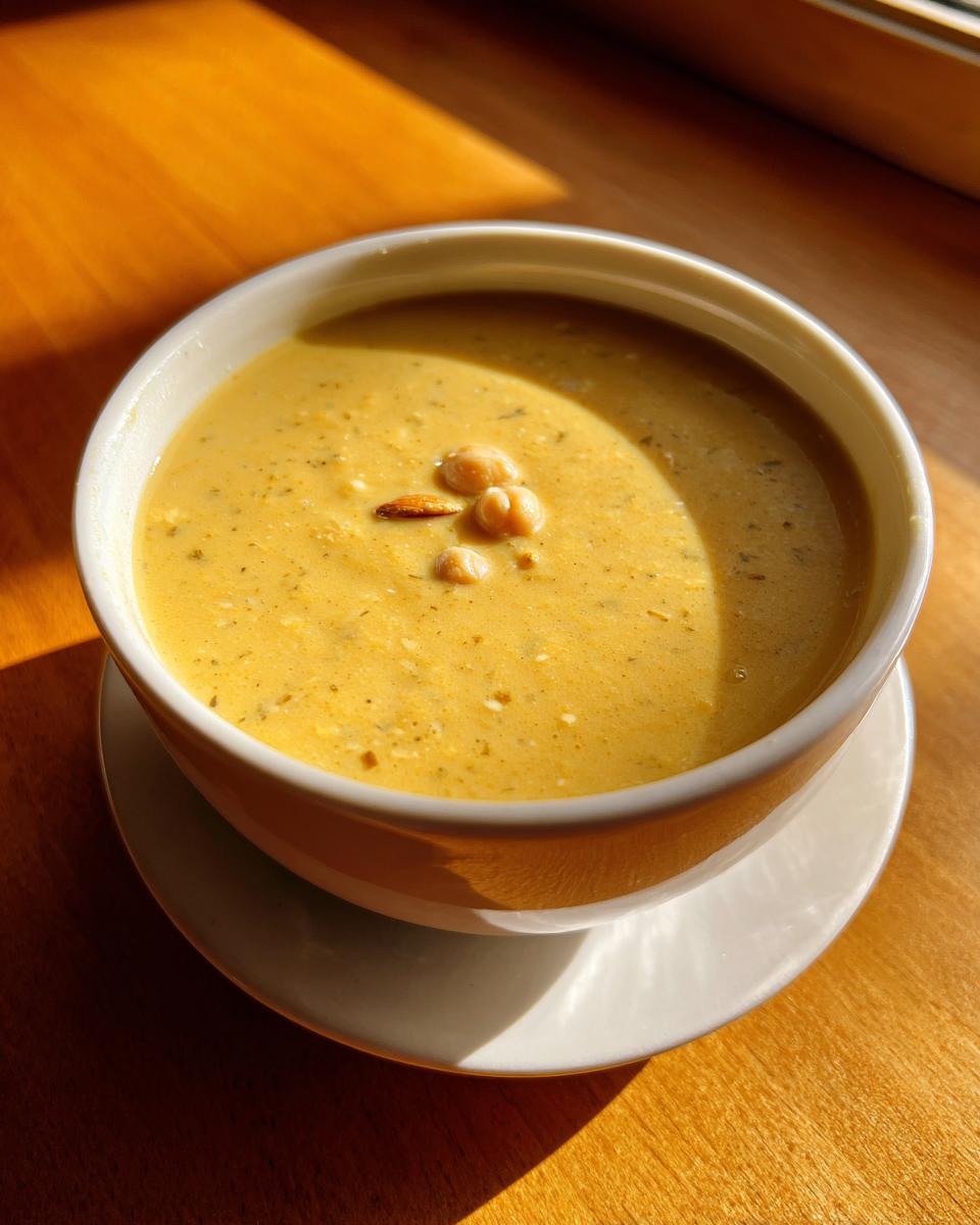 A bowl of creamy yellow chickpea soup garnished with whole chickpeas and an almond, sitting on a wooden surface.