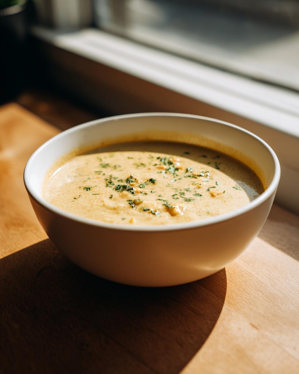 A close-up of a white bowl filled with creamy chickpea soup, garnished with fresh green herbs, sitting on a wooden surface near a window.