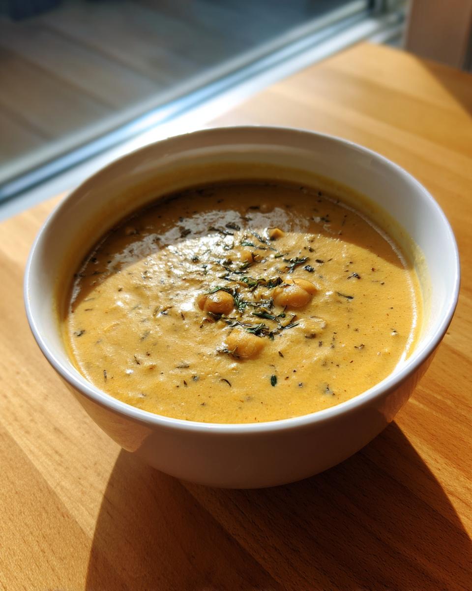 A close-up of creamy chickpea soup in a white bowl, garnished with whole chickpeas and fresh herbs.