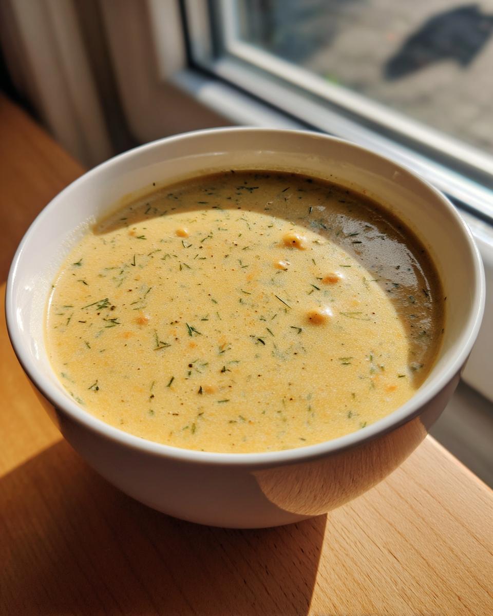 Close-up of creamy, yellow chickpea soup garnished with fresh dill, sitting by a sunny window.