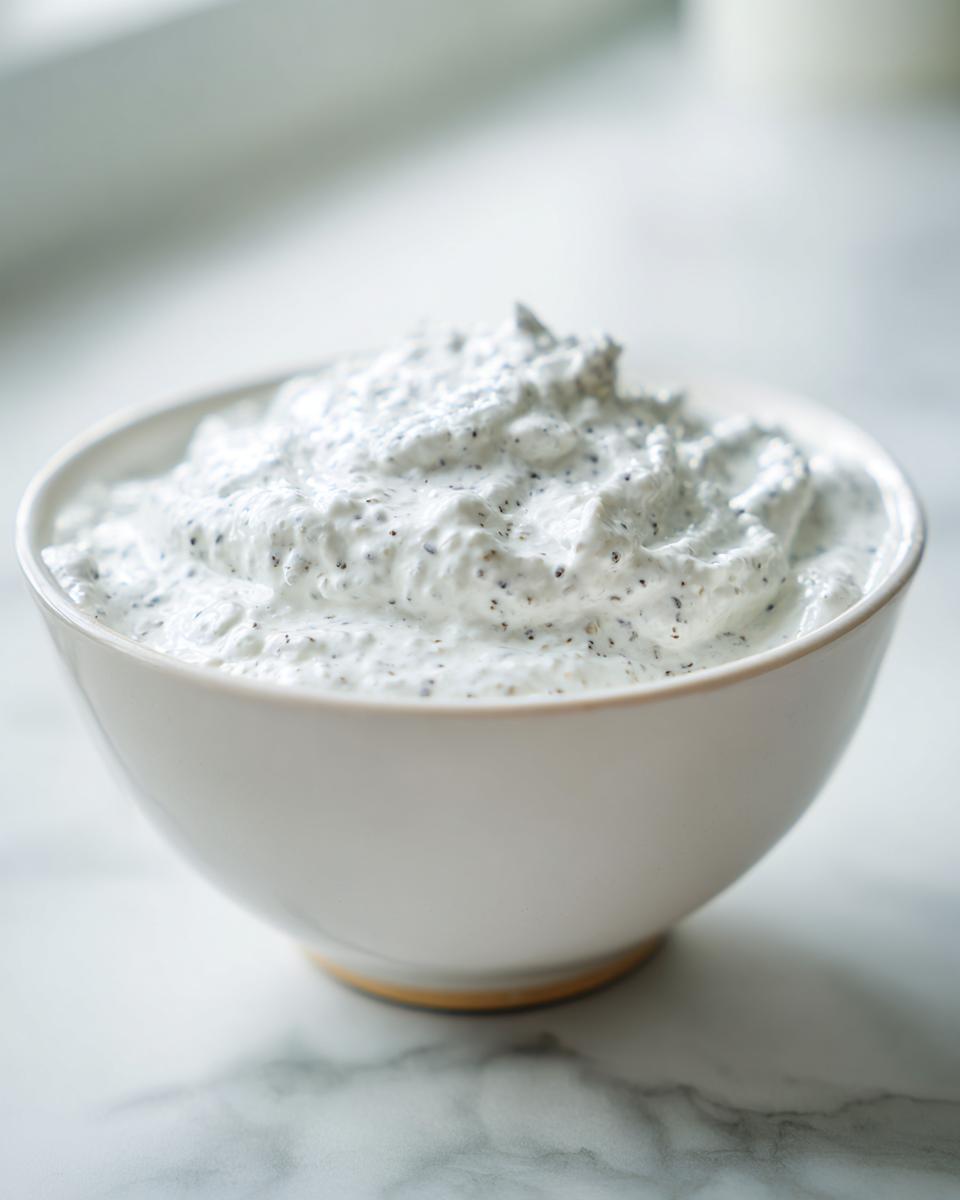 A white bowl filled with thick, creamy coconut chia pudding speckled with black chia seeds.