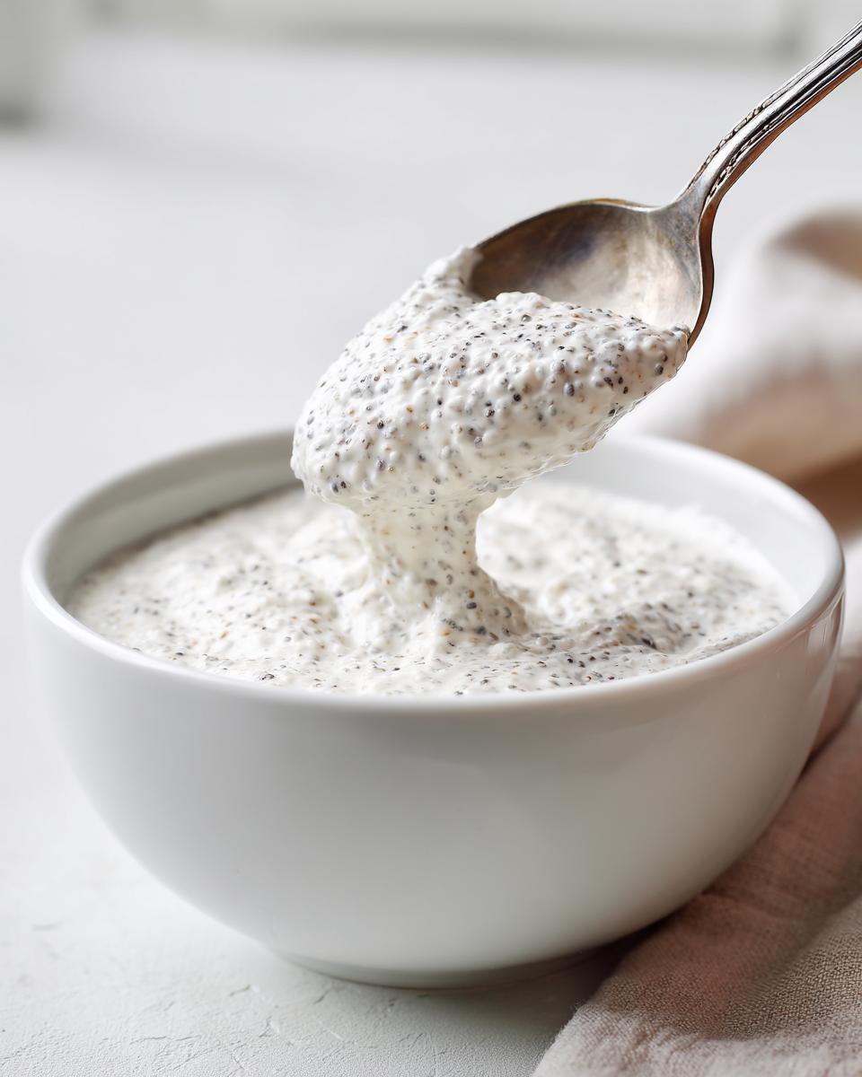 A spoonful of thick, creamy coconut chia pudding being lifted from a white bowl.