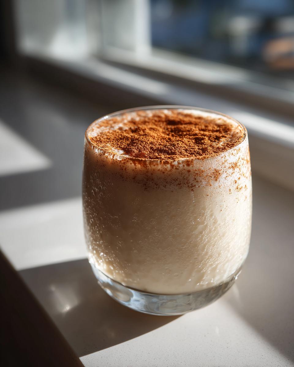A glass filled with creamy, chilled coquito topped generously with ground cinnamon, sitting in bright sunlight.